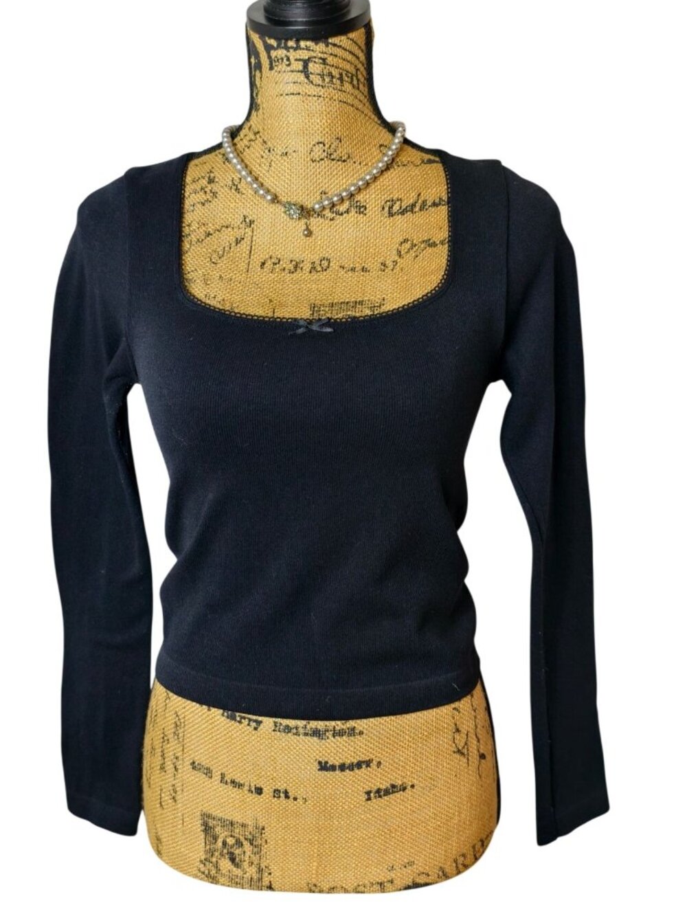 Womens M/L Black Rib Top Square Neck Lace Trim Bow Detail Lng Slv Stretchy Knit